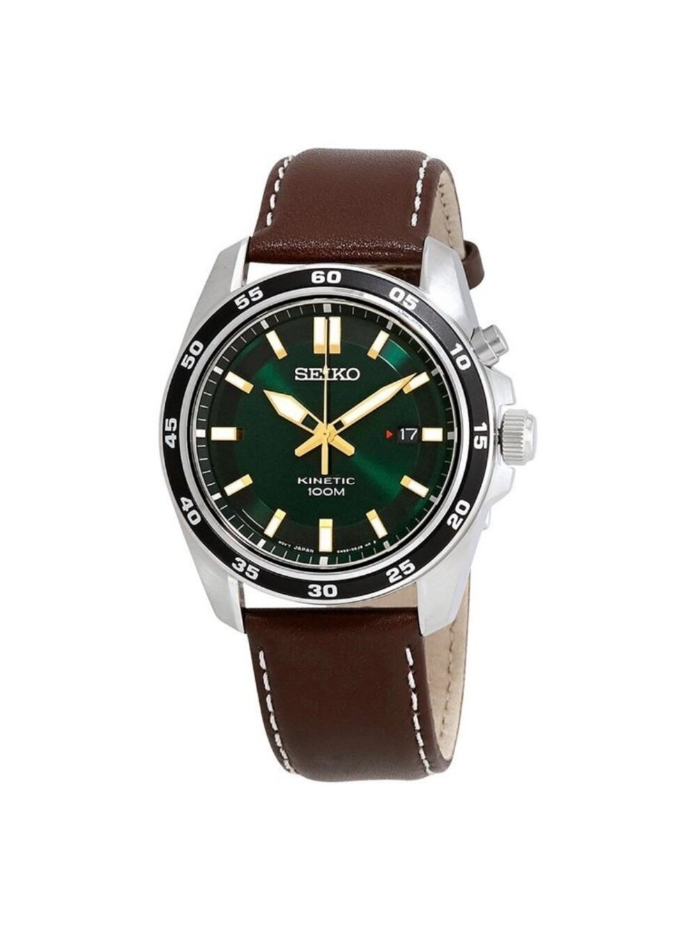 NWT Seiko Kinetic Green Dial Brown Leather Men's Watch